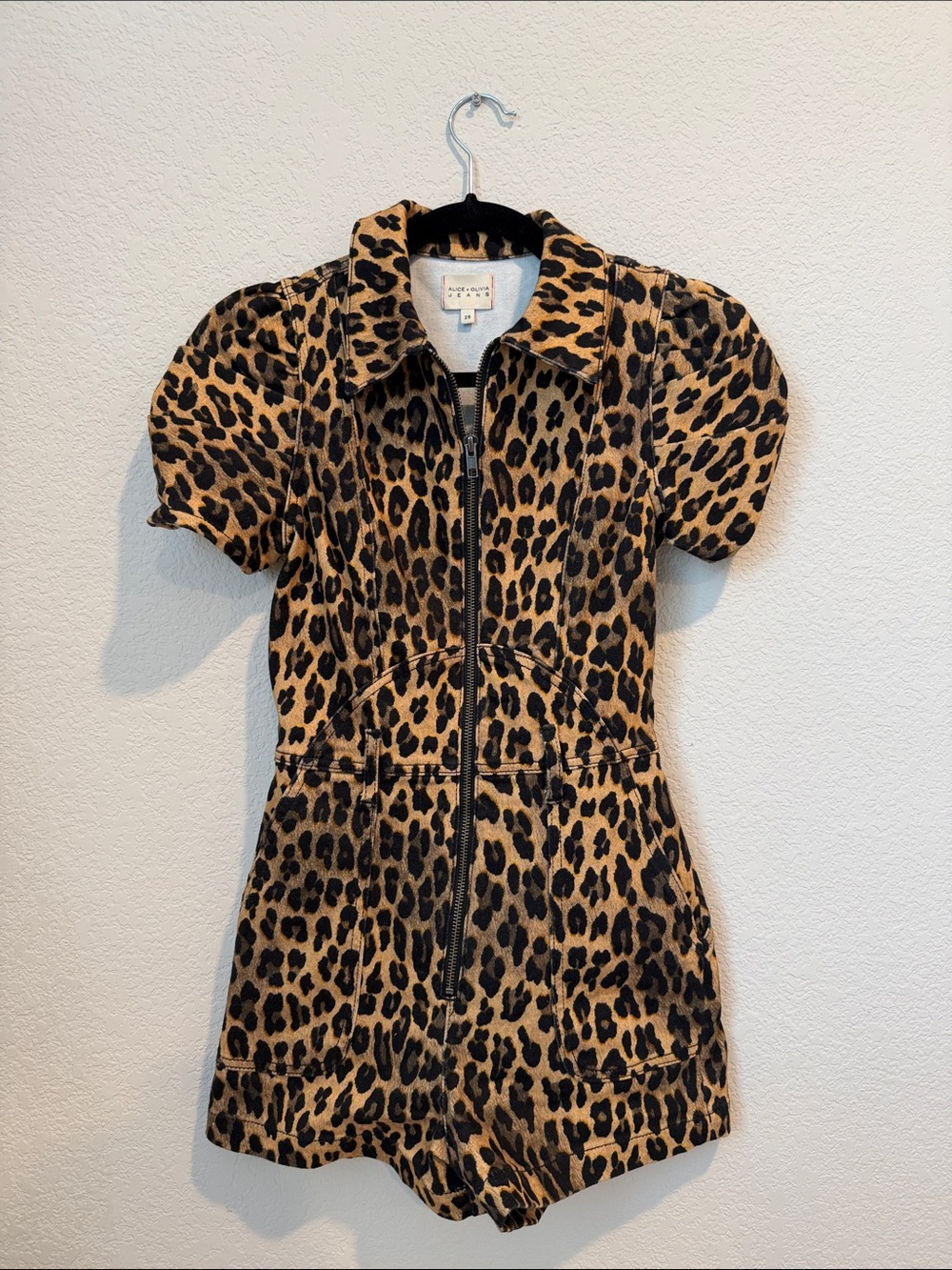 Alice + Olivia Leopard-Print Zip Romper in Tan and Black